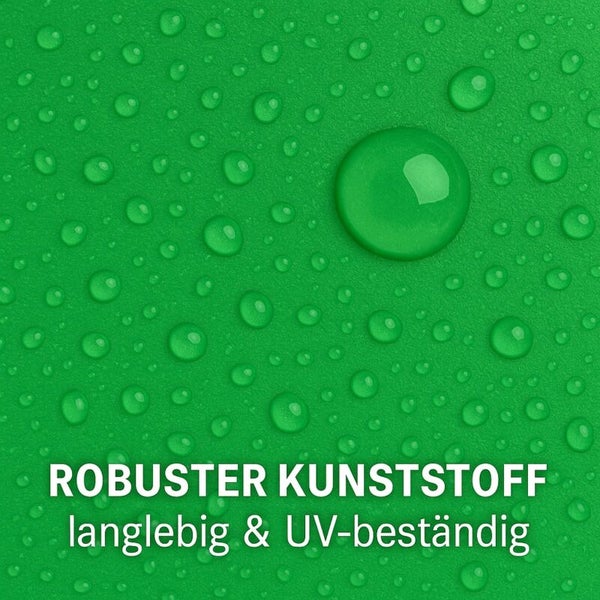 Robuster Kunststoff, langlebig und UV-beständig. Wassertropfen auf einer strukturierten Oberfläche.