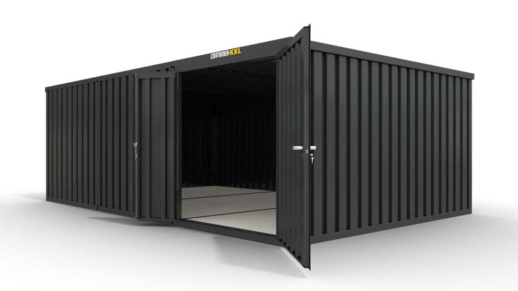 Lagercontainer Gerätehaus L3  – 25 qm, H2150 x B4050 x T6520 mm, Außenwandlackierung anthrazit, Dach außen verzinkt, mit Holzfußboden, 1830 mm Doppelflügeltür mittig in Modul D, montiert