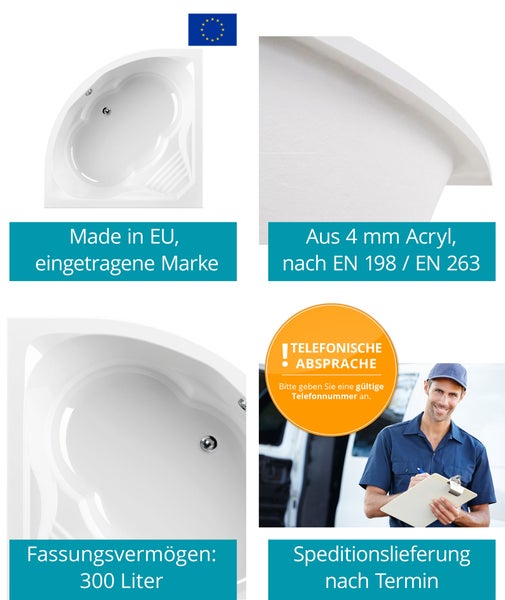 Calmwaters® Eckbadewanne 150x150 cm mit Sitz, Acrylwanne Curved Wellness, Duo-Badewanne für zwei Personen, Sitzbadewanne, Maße 150 x 150 cm, Eck-Badewanne in Weiß - 02SL3015