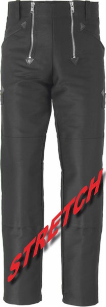 Schwarze Zunfthose aus Stretch-Material mit Doppelreißverschluss und Knieverstärkung.