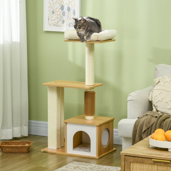 PawHut Kratzbaum, 114 cm hoch, Katzenbaum, mehrstöckiger Kletterbaum mit Katzenbett, Katzenhöhle, Katzenmöbel mit Kitzelsäule, Katzenkratzbaum für Katzen bis 5 kg, Eiche