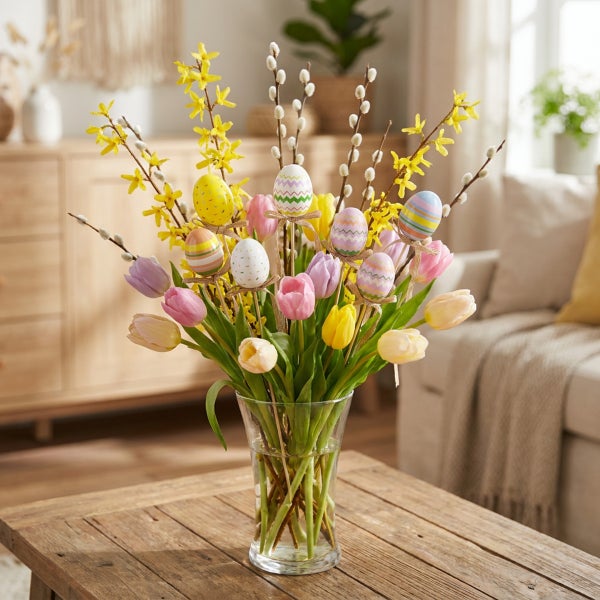 Osterstrauß mit Tulpen, Forsythien und Weidenkätzchen in einer Glasvase auf einem Holztisch zur Dekoration.