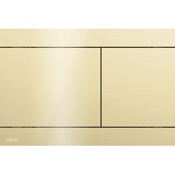 Betätigungsplatte aus gebürstetem Metall für WC mit Zwei-Mengen-Spülung und Alca Logo.