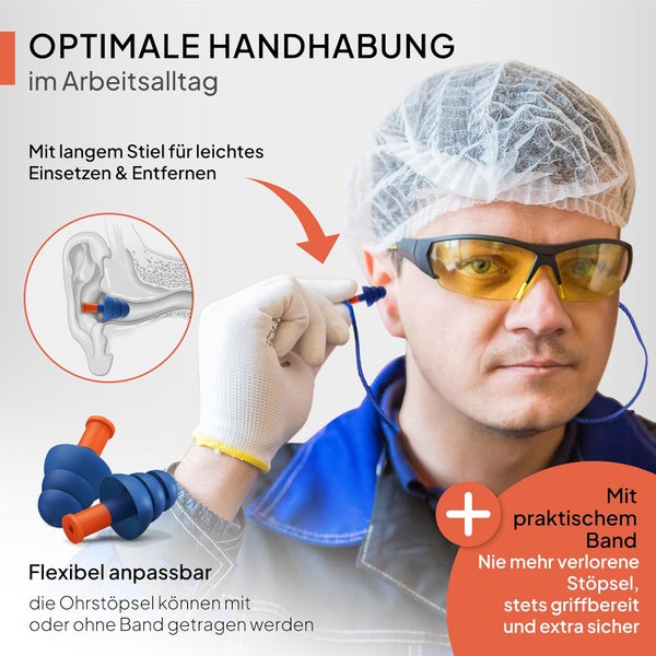 Senner ® WorkPro Strong | Ohrstöpsel zum Arbeiten – Ideal bei lauten Lautstärkequellen – Gehörschutz im Beruf & Zuhause – mit 3 extra Paaren, Nylonschnur & Aluminiumcontainer