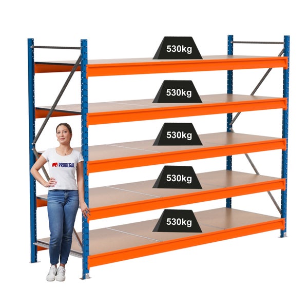 Regal mit fünf Ebenen und einer maximalen Traglast von 530 Kilogramm pro Ebene.