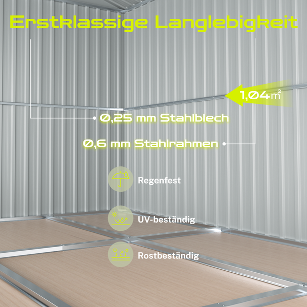 Illustration der Eigenschaften einer Gartenlaube: 0,25 mm Stahlblech, 0,6 mm Stahlrahmen, 1,04 Quadratmeter, regenfest, UV-beständig, rostbeständig.