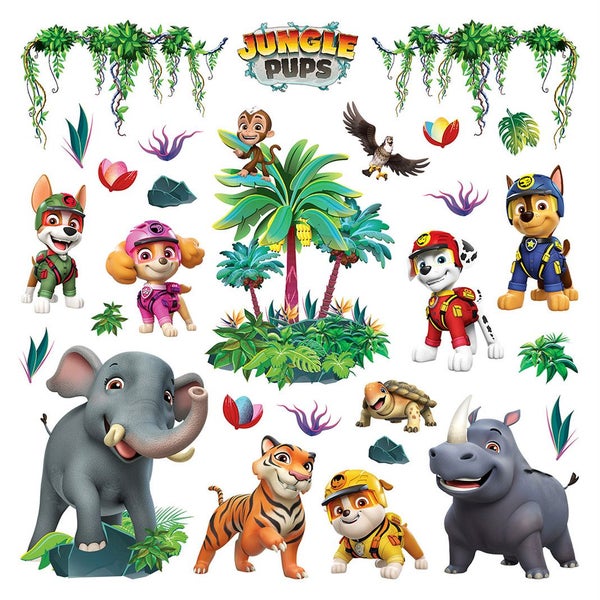 Wandsticker-Set Paw Patrol Jungle Pups mit Hunden, Elefant, Tiger, Nashorn, tropischen Pflanzen und Jungle Pups Logo für das Kinderzimmer.