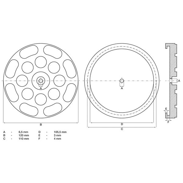 Technische Zeichnung einer Schleifscheibe mit Maßtabelle. Durchmesser 120 Millimeter, Bohrung 6,5 Millimeter. Draufsicht und Profil.