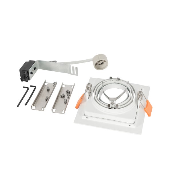 Quadratisches Einbaustrahler-Set in Weiß, inklusive GU10-Fassung, Montagebügeln, Schrauben und Innensechskantschlüsseln.