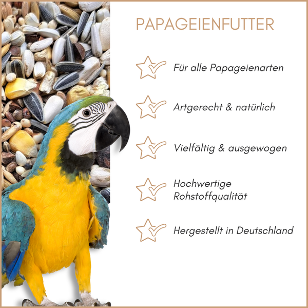 Papageienfutter mit Papagei, geeignet für alle Papageienarten, artgerecht, natürlich, vielfältig und ausgewogen, hochwertige Rohstoffqualität, hergestellt in Deutschland