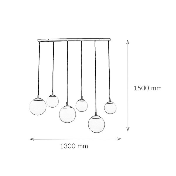 Technische Zeichnung einer Pendelleuchte mit sieben Glaskugeln, Breite 1300 mm, Höhe 1500 mm.