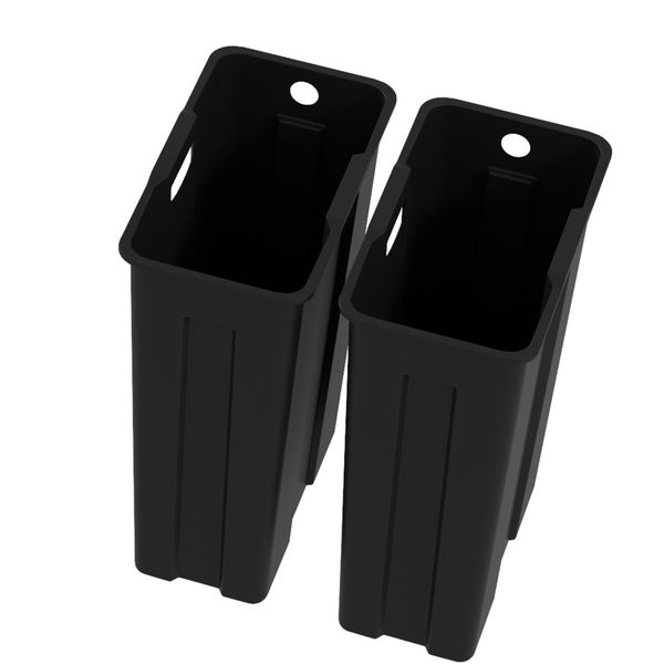 Zwei schwarze Kunststoffbehälter für Abfall oder Aufbewahrung mit seitlichen Griffmulden und runder Öffnung oben.