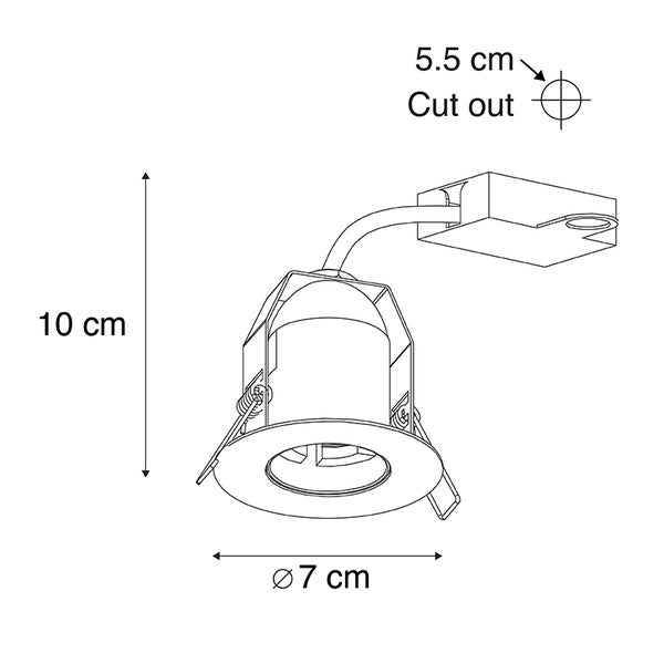 Technische Zeichnung eines Deckeneinbaustrahlers mit den Maßen 10 cm Höhe, 7 cm Durchmesser und einem Ausschnitt von 5,5 cm.