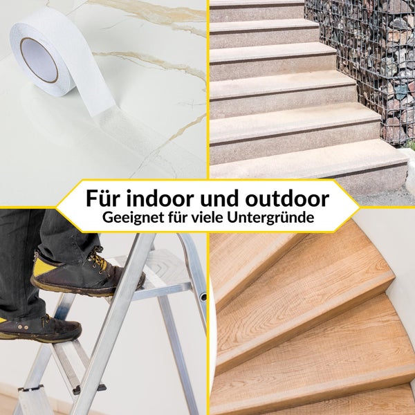 Selbstklebendes Antirutschband für innen und außen auf Fliesen, Steintreppen, Holztreppen und einer Trittleiter.