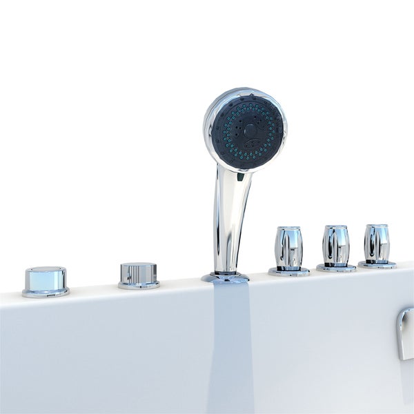 Wannenrandarmatur verchromt mit ausziehbarer Handbrause und mehreren Drehgriffen.