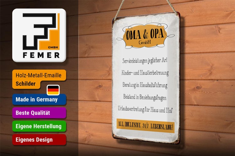 Blechschild Spruch 20x30cm Oma Opa GmbH 24/7 lebenslang