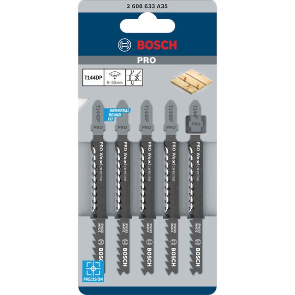 Bosch Stichsägeblätter T144DP, Set mit fünf Sägeblättern für präzise Holzschnitte