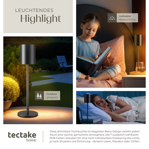 tectake Corly Retro-Tischlampe Corly, LED, 7 Lichtfarben, dimmbar 10 x 37 cm schwarz