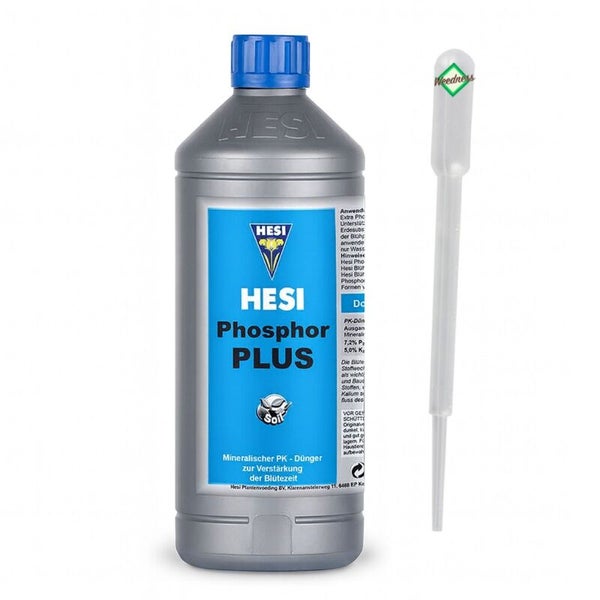 Hesi Phosphor PLUS mineralischer PK-Dünger zur Verstärkung der Blütezeit auf Erde in einer grauen Flasche inklusive Pipette.