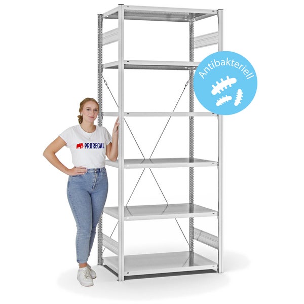 PROREGAL Antibakterielles Fachbodenregal Stecksystem T-Profil HxBxT 250 x 100 x 60 cm 6 Ebenen Traglast 140 kg Antibakterielle Beschichtung Weiß