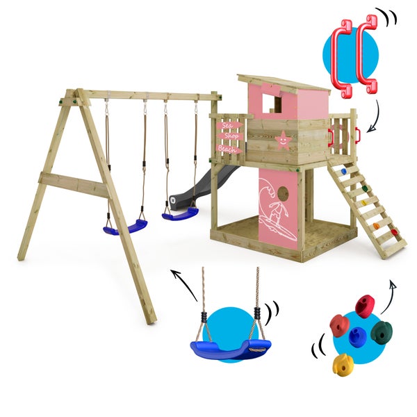 WICKEY Spielturm Klettergerüst Smart Camp mit Schaukel und Rutsche, Baumhaus mit Sandkasten, Kletterleiter und Spiel-Zubehör – anthrazit