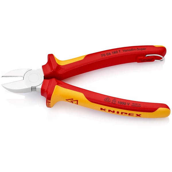 Knipex Seitenschneider mit Befestigungsöse verchromt, isoliert mit Mehrkomponenten-Hüllen, VDE-geprüft; mit integrierter isolierter Befestigungsöse zum Anbringen einer Absturzsicherung 180 mm - 7006180TBK