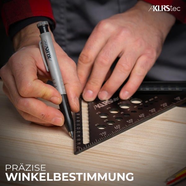 KLRStec Professional Zimmermannswinkel Set – Hochwertiges Tischlerwinkel Set inkl. Tieflochmarker [+Minen] Metall Messwinkel Werkzeug-Set