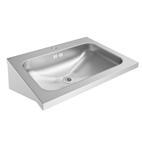 Wandhängendes Waschbecken aus Edelstahl mit Hahnloch und Überlauf.