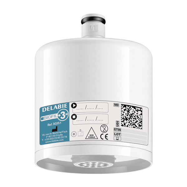 Delabie Biofil 3M Wasserfilter für Armaturen, Referenz 30351, weißes Kunststoffgehäuse.