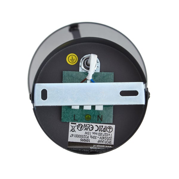 Detailansicht der Lampenbefestigung mit Erdungssymbol.