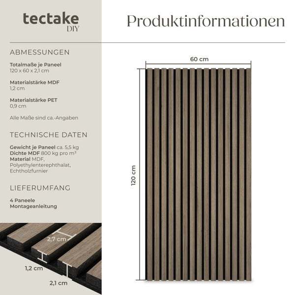 Produktinformationen zum Wandpaneel von tectake DIY mit Abmessungen und technischen Daten