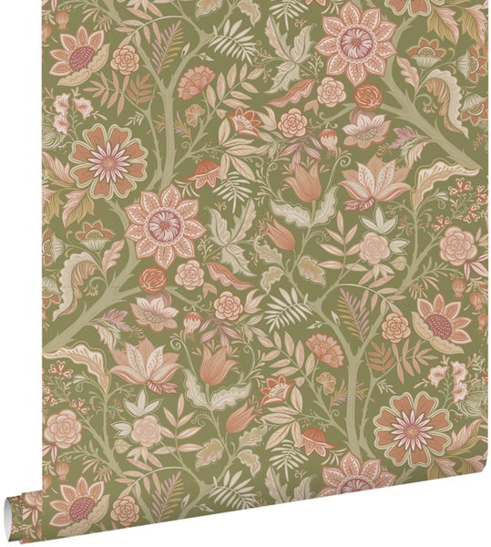 ESTAhome Tapete Blumenmuster Grün und Terrakottarosa - 50 x 900 cm - 131330