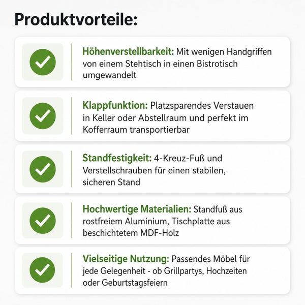 Produktvorteile eines klappbaren und höhenverstellbaren Stehtisches mit Aluminiumfuß und Tischplatte aus beschichtetem Holzwerkstoff.