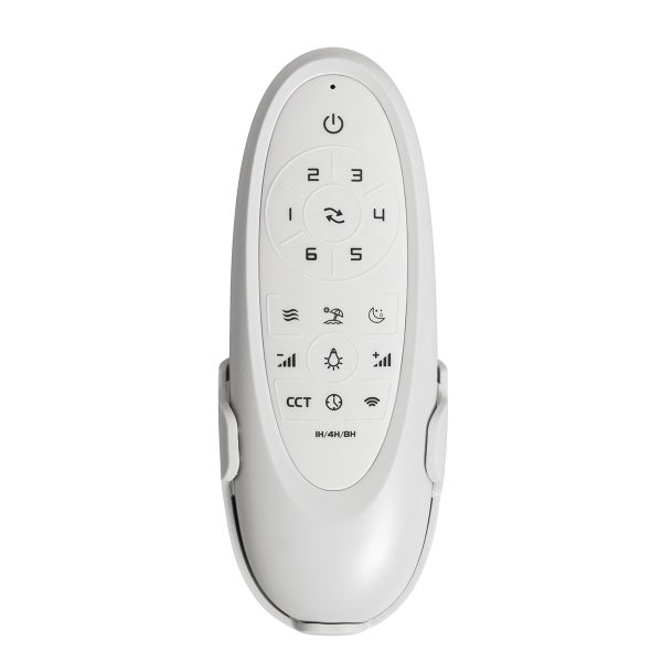 Weiße ovale Fernbedienung für Deckenventilatoren mit Tasten für Lichtsteuerung, sechs Geschwindigkeitsstufen, Timer und Wandhalterung.