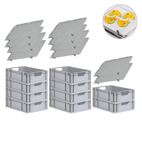 PROREGAL Spar Set 10x Eurobox Nextgen Economy Mit Auflagedeckel & 4x Schiebeschnappverschlüsse Gelb Griffe Offen HxBxT 17 x 40 x 60 cm 34 Liter