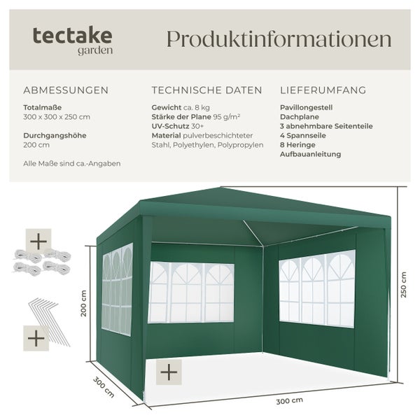 Pavillon tectake Barinas wasserdicht 3 x 3 m, im Stecksystem grün