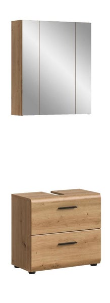 Badezimmermöbel-Set mit dreitürigem Spiegelschrank und Waschbeckenunterschrank mit zwei Schubladen in Eichenoptik und schwarzen Griffen.