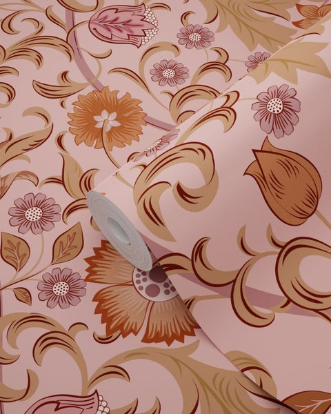 Tapete mit floralem Ornamentmuster, großen Blüten und geschwungenen Blattranken.