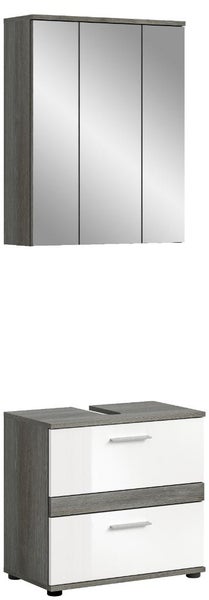 Badezimmermöbel Set mit dreitürigem Spiegelschrank und Waschbeckenunterschrank mit zwei Schubladen in Grau und Weiß.