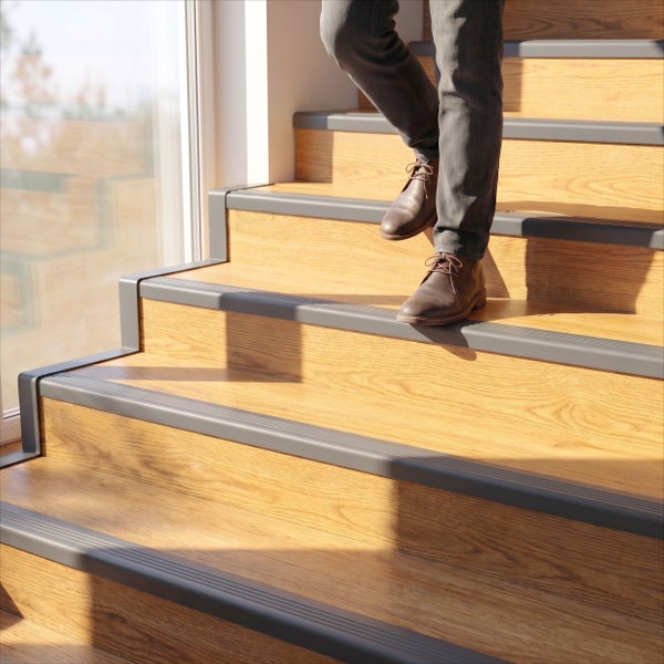Person geht eine Holztreppe mit Treppenkantenprofilen hinunter in einem hellen Innenraum.
