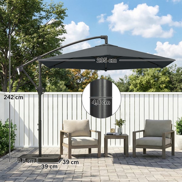 Outsunny Ampelschirm ca. Ø300 cm Sonnenschirm mit Verriegelungsmechanismus Kurbel Ständer Gewichten, UV-Schutz Wasserabweisend Gartenschirm Marktschirm Kurbelschirm Dunkelgrau