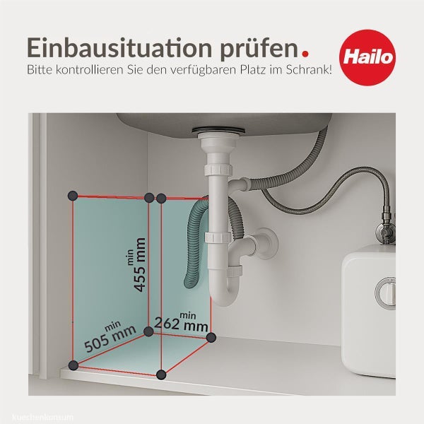 Hailo Logo. Einbaumaße unter der Spüle: Tiefe mindestens 505 Millimeter, Breite mindestens 262 Millimeter, Höhe mindestens 455 Millimeter.