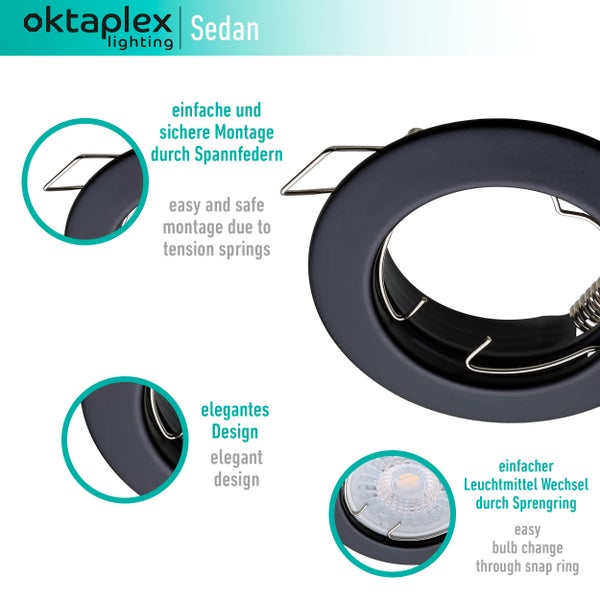 Sedan Deckenspots flach für GU10 und LED-Module Einbaurahmen 60mm Lochmass Schwarz Einbaustrahler rund 6er Set moderne Beleuchtung für jedes Heim