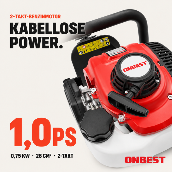 Zweitakt-Benzinmotor mit ONBEST Logo, 1,0 Pferdestärken, 0,75 Kilowatt und 26 Kubikzentimeter Hubraum für kabellose Leistung.