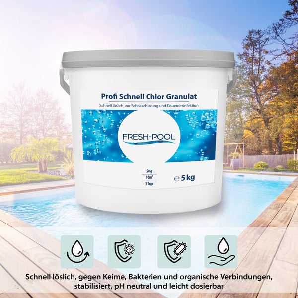 Fresh-Pool Profi Schnell Chlor Granulat, 56% Aktivchlor, 5 kg incl.<br />Dosierbecher - Pool Chlor Granulat | Clorgranulatpool 5kg |<br />Chlorgranulat für Pool | Chlor Pool | Clorgranulatpool