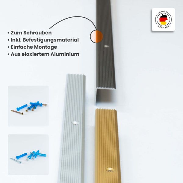 Treppenkantenprofil aus eloxiertem Aluminium mit geriffelter Oberfläche inklusive Befestigungsmaterial zum Schrauben.