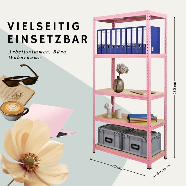 Vielseitiges Metallregal mit fünf Holzböden für Büro oder Wohnraum, Maße 180 Zentimeter hoch, 89 Zentimeter breit und 40 Zentimeter tief.