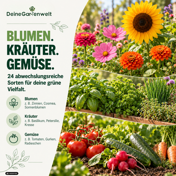 Adventskalender Deine Gartenwelt mit Samen fuer Blumen, Kraeuter und Gemuese, inklusive Anzuchtschalen, Töpfen und Quelltabs zur Anzucht.