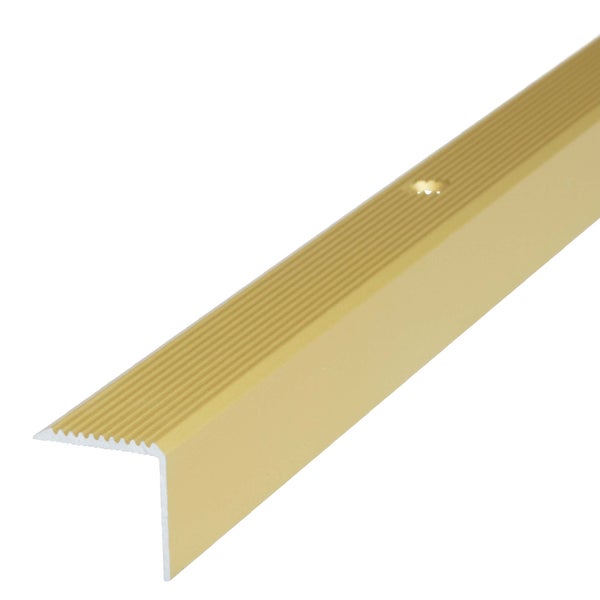 Treppenkantenprofil aus Aluminium, L-Profil, geriffelte Oberfläche, versenkt gebohrt, goldfarben.