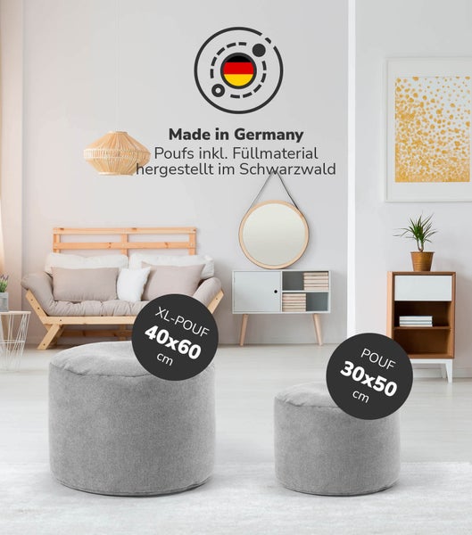 mokebo Pouf, Hocker o. Bodenkissen 'Der Ruhepouf' Sitzhocker rund und Fußhocker fürs Wohnzimmer, leichter Sitzpouf aus Stoff in Grau